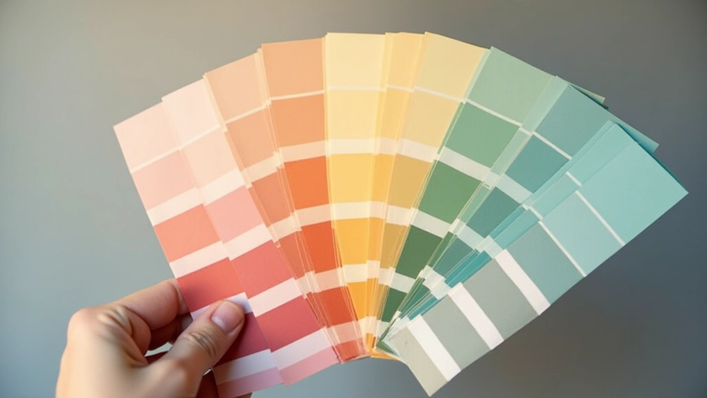 Tavolozza di colori coordinati con campioni di design su superficie luminosa, mostrando coerenza visiva tra tinte complementari