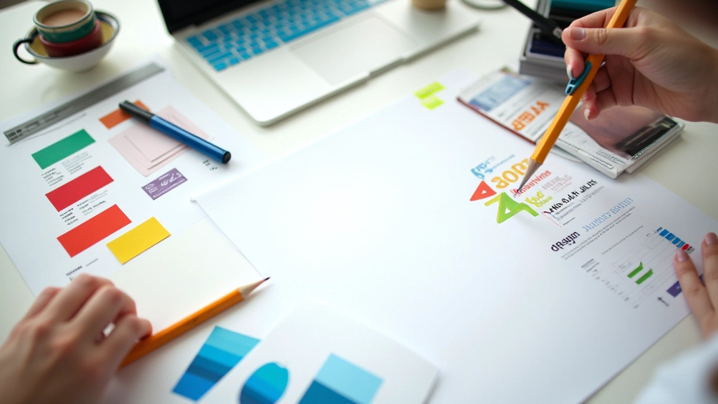 Campioni di colori, font e elementi grafici su una scrivania di progettazione