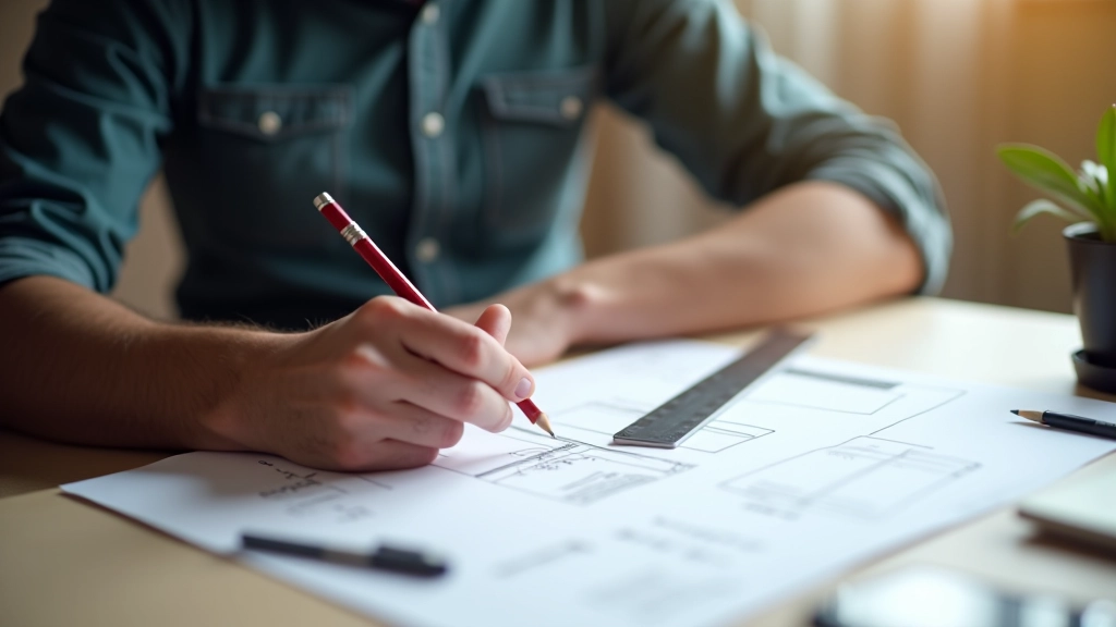 Designer che sketcha wireframe mobile su carta, matita e righello, tavolo di lavoro creativo con annotazioni