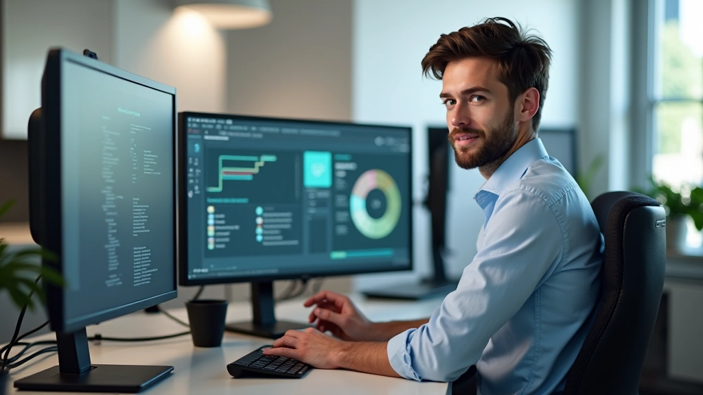 Designer che lavora al computer con strumenti di design aperti sullo schermo