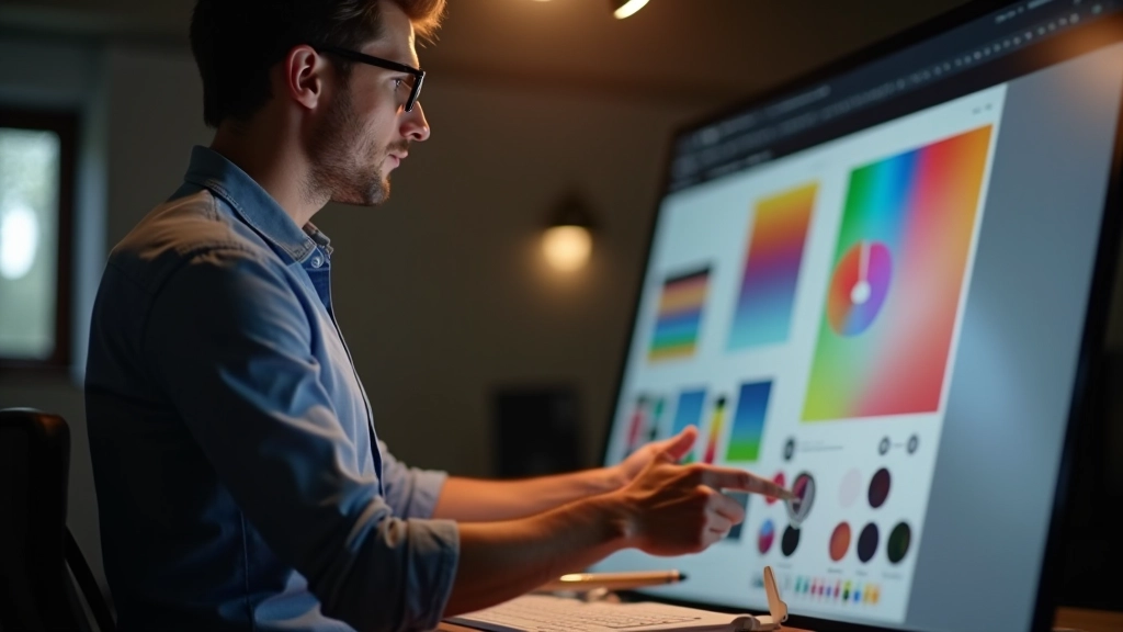 Designer che seleziona colori da una ruota cromatica digitale, schermo del computer con palette di colori professionali, mano con stylus