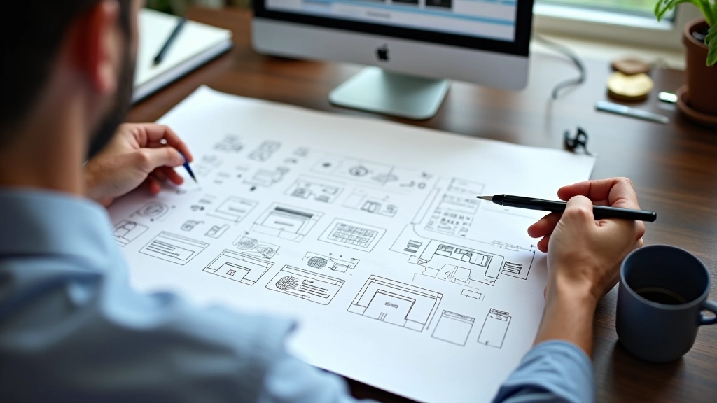 Designer che crea wireframe e layout responsivo su carta e al computer