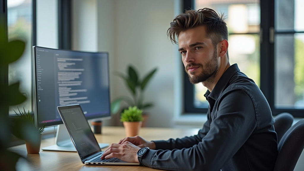 Developer at desk working on responsive website code, multiple monitors showing code editor and preview, modern workspace with good lighting