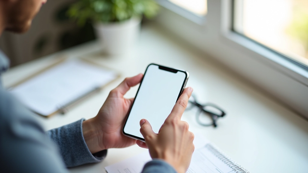 Hands holding smartphone displaying responsive website, clean design visible on screen, bright natural lighting from above