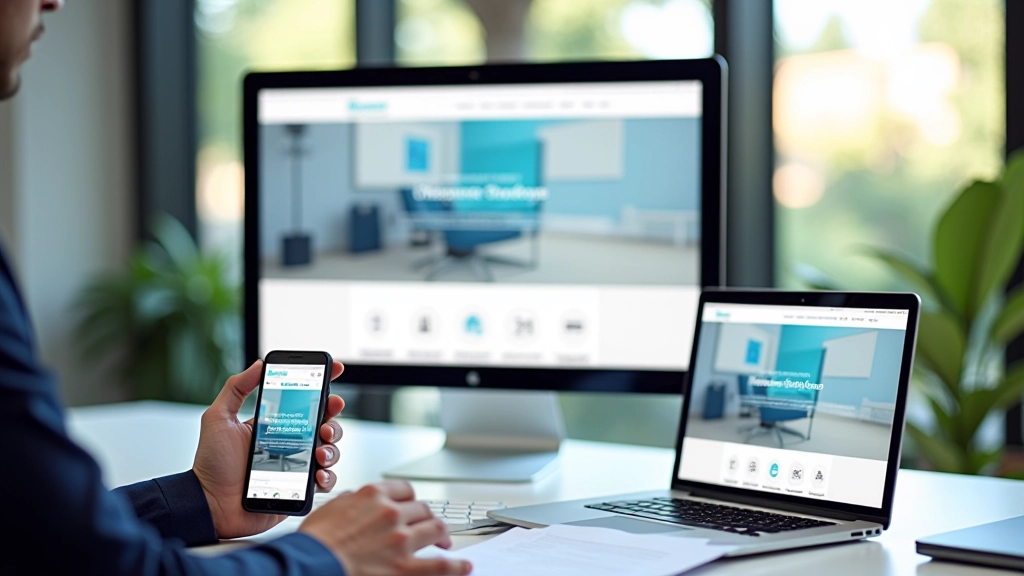 Schermo mobile, tablet e desktop affiancati mostrando lo stesso sito web adattato a tre diverse dimensioni